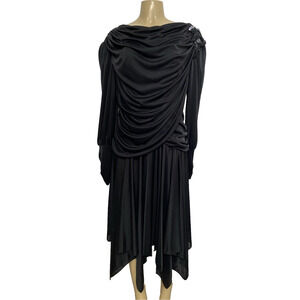 Abby Kent Dress Black Ruched Long Sleeve Beaded Sequin Midi Draped Midi 16 80'